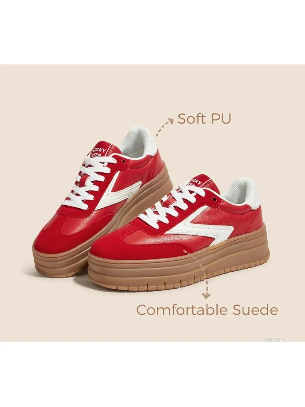 🆕Women's Red White Platform Sneakers Gum Thick Sole Tennis Walking Shoes